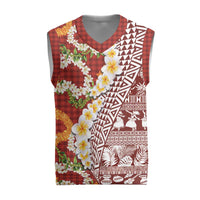 Hawaiian Plumeria Lei Christmas Knitted V-Neck Vest Kakau Motifs and Palaka Half Style Red Color - Polynesian Pride