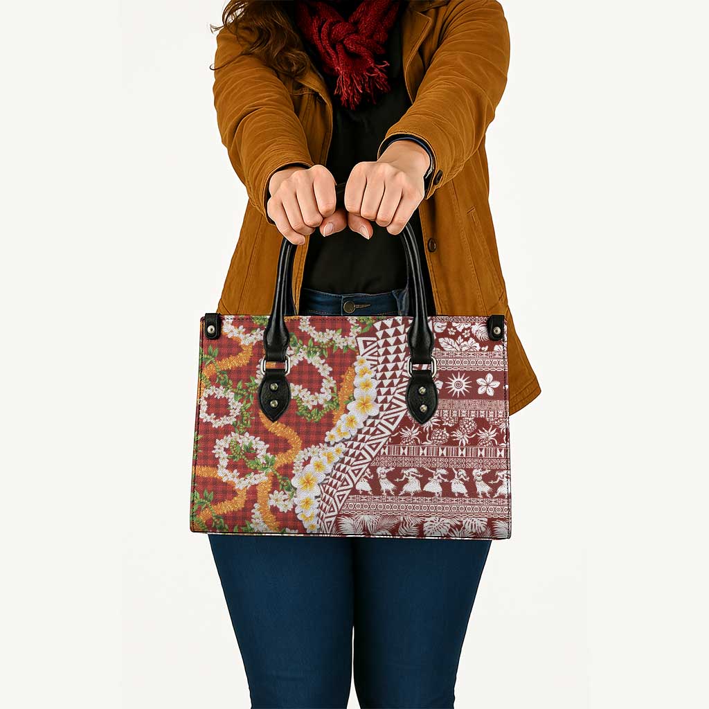 Hawaiian Plumeria Lei Leather Bag Kakau Motifs and Palaka Half Style Red Color LT03 - Polynesian Pride
