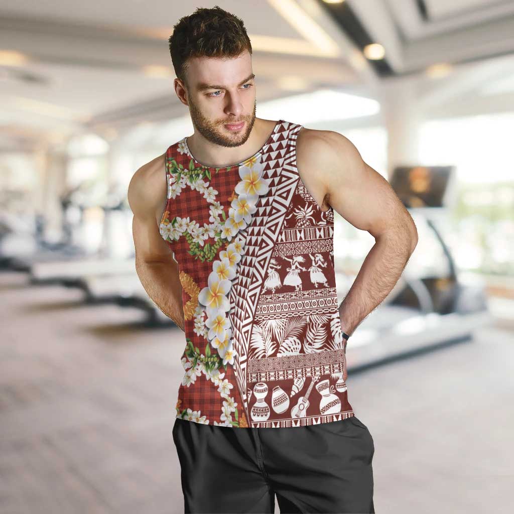 Hawaiian Plumeria Lei Men Tank Top Kakau Motifs and Palaka Half Style Red Color LT03 Red - Polynesian Pride