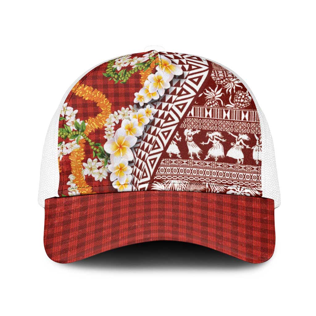 Hawaiian Plumeria Lei Mesh Trucker Cap Kakau Motifs and Palaka Half Style Red Color - Polynesian Pride