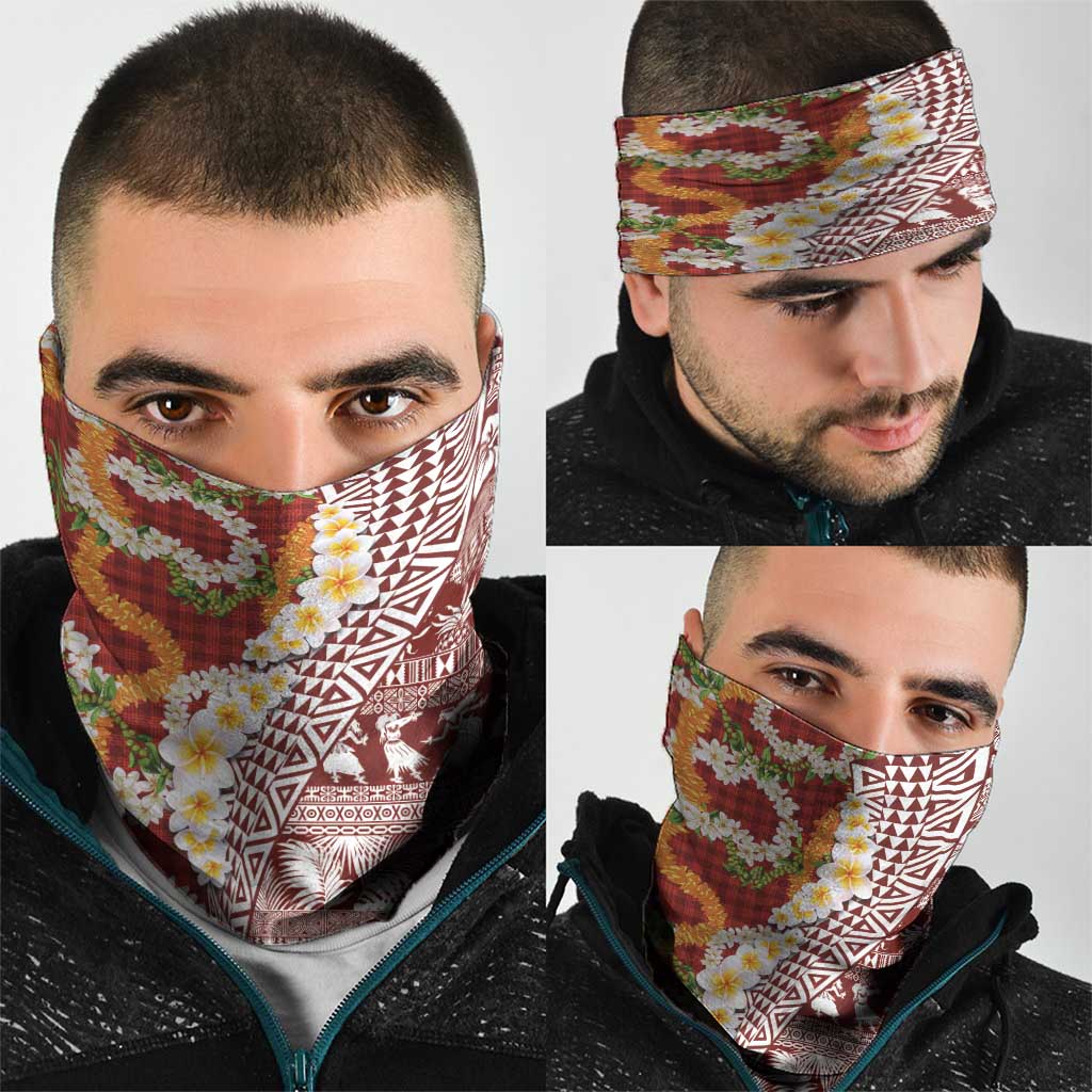 Hawaiian Plumeria Lei Neck Gaiter Kakau Motifs and Palaka Half Style Red Color LT03 - Polynesian Pride