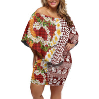 Hawaiian Plumeria Lei Off Shoulder Short Dress Kakau Motifs and Palaka Half Style Red Color - Polynesian Pride