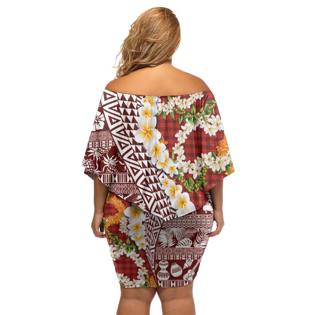 Hawaiian Plumeria Lei Off Shoulder Short Dress Kakau Motifs and Palaka Half Style Red Color - Polynesian Pride