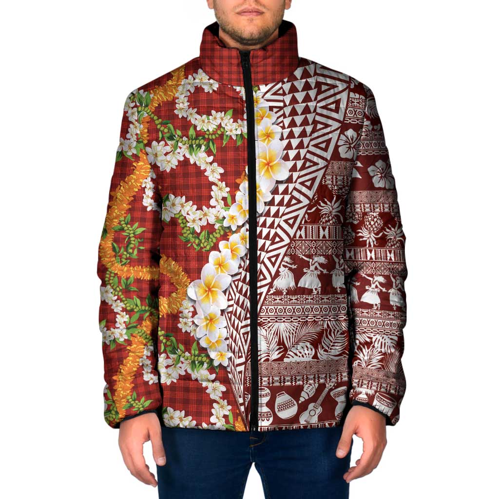 Hawaiian Plumeria Lei Padded Jacket Kakau Motifs and Palaka Half Style Red Color LT03 Men Red - Polynesian Pride
