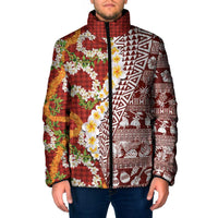 Hawaiian Plumeria Lei Padded Jacket Kakau Motifs and Palaka Half Style Red Color LT03 Men Red - Polynesian Pride