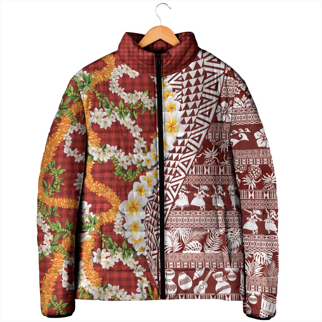 Hawaiian Plumeria Lei Padded Jacket Kakau Motifs and Palaka Half Style Red Color LT03 - Polynesian Pride