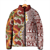 Hawaiian Plumeria Lei Padded Jacket Kakau Motifs and Palaka Half Style Red Color LT03 - Polynesian Pride