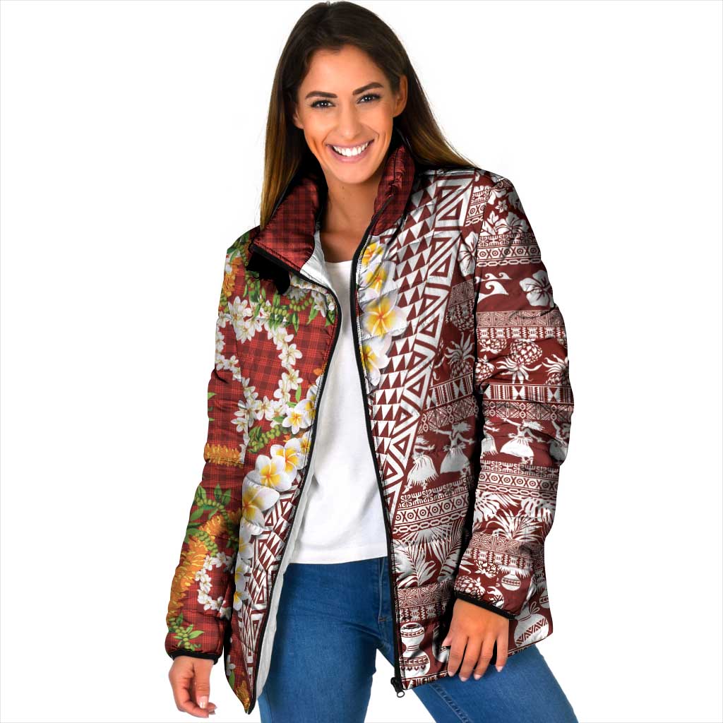 Hawaiian Plumeria Lei Padded Jacket Kakau Motifs and Palaka Half Style Red Color LT03 Women Red - Polynesian Pride