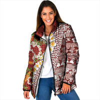 Hawaiian Plumeria Lei Padded Jacket Kakau Motifs and Palaka Half Style Red Color LT03 Women Red - Polynesian Pride