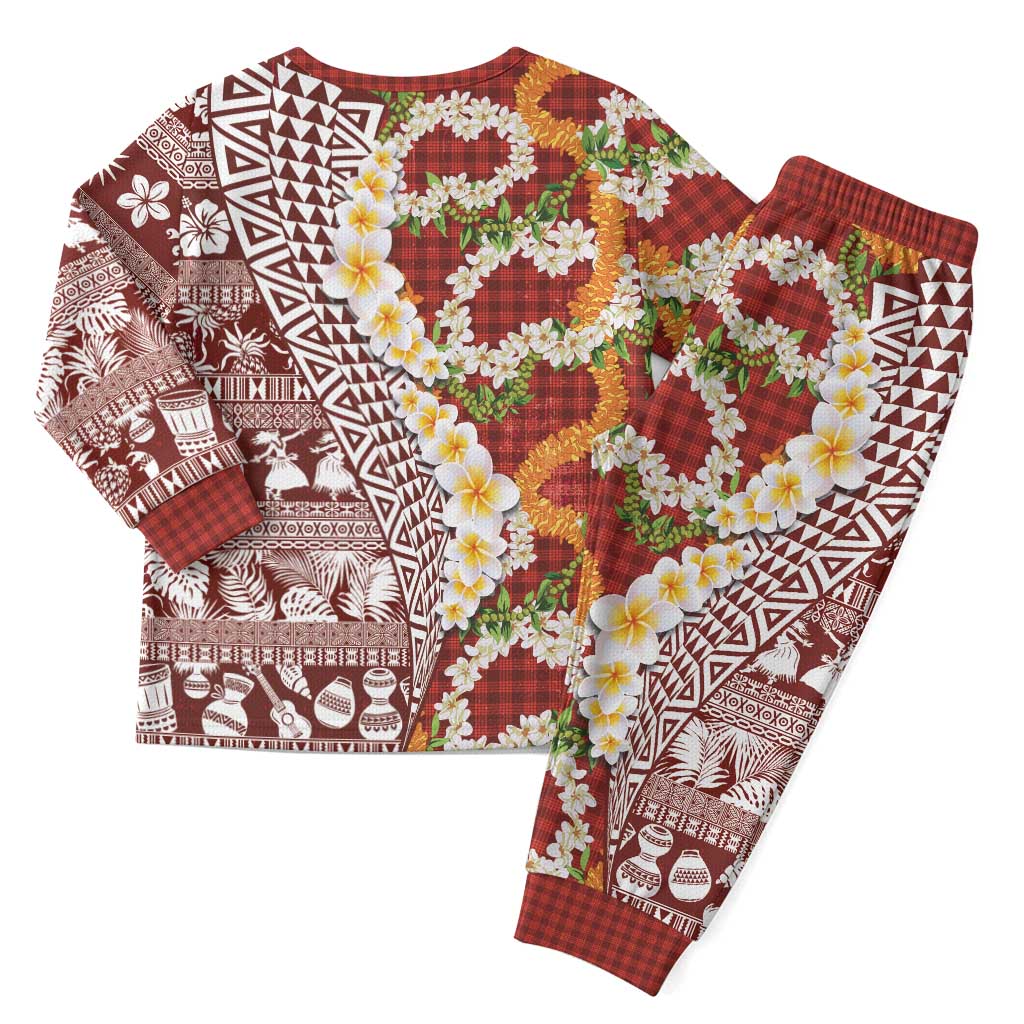 Hawaiian Plumeria Lei Christmas Pajama Set Kakau Motifs and Palaka Half Style Red Color - Polynesian Pride