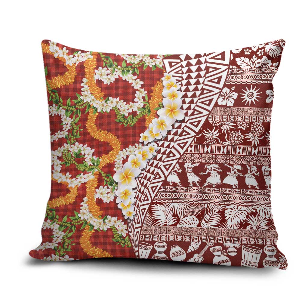 Hawaiian Plumeria Lei Pillow Cover Kakau Motifs and Palaka Half Style Red Color - Polynesian Pride