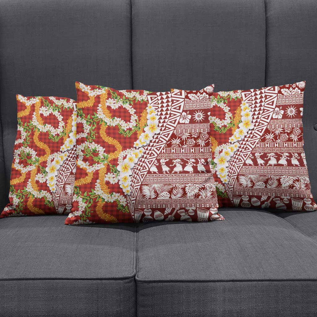 Hawaiian Plumeria Lei Pillow Cover Kakau Motifs and Palaka Half Style Red Color - Polynesian Pride