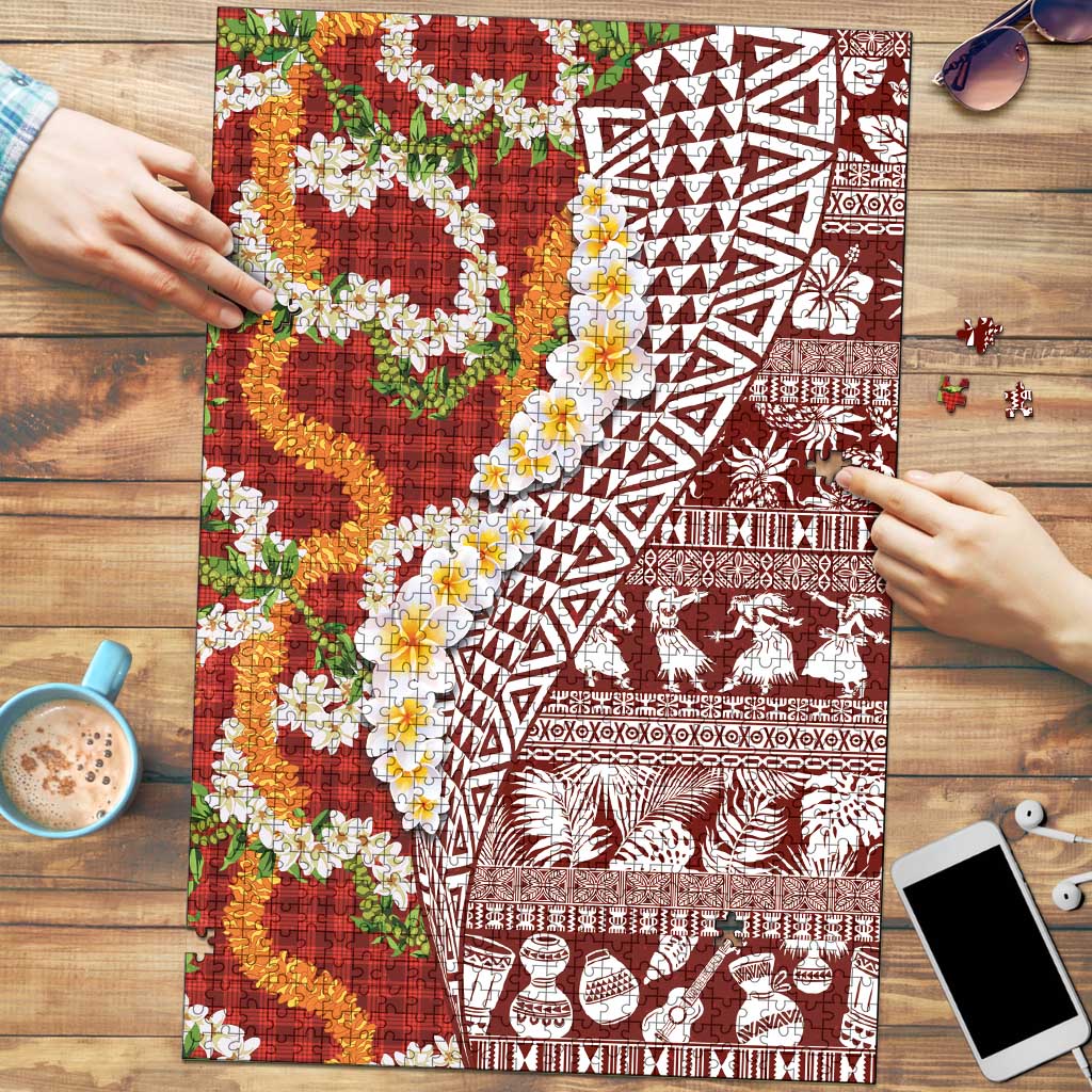 Hawaiian Plumeria Lei Puzzle Kakau Motifs and Palaka Half Style Red Color LT03 Red - Polynesian Pride