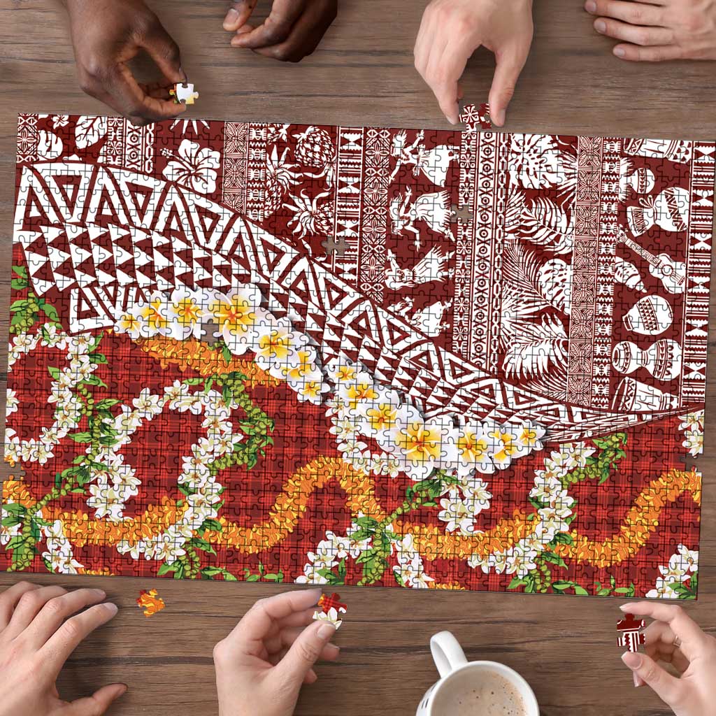 Hawaiian Plumeria Lei Puzzle Kakau Motifs and Palaka Half Style Red Color LT03 - Polynesian Pride