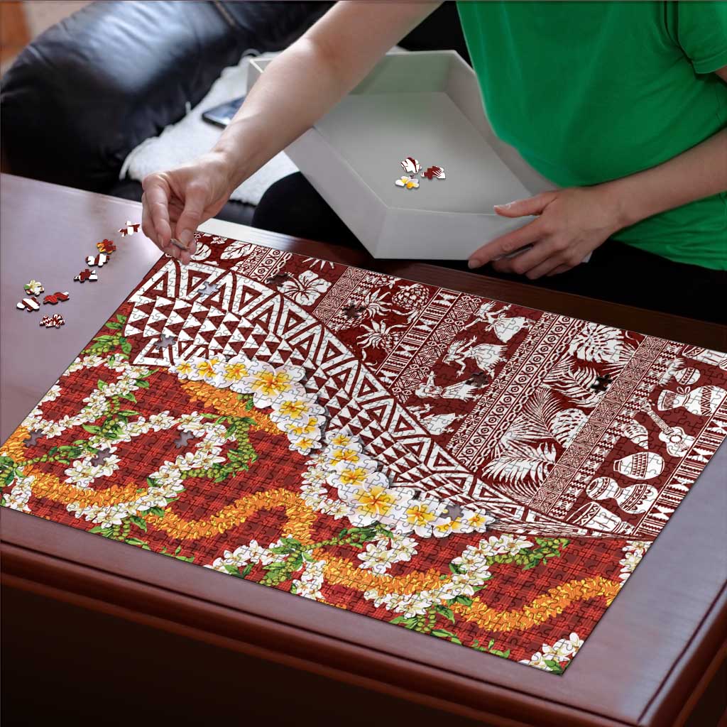Hawaiian Plumeria Lei Puzzle Kakau Motifs and Palaka Half Style Red Color LT03 - Polynesian Pride
