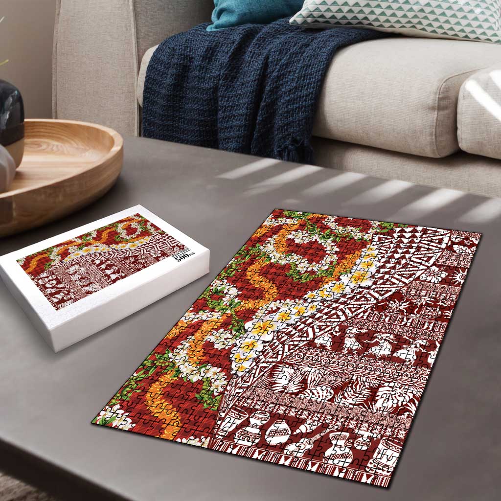 Hawaiian Plumeria Lei Puzzle Kakau Motifs and Palaka Half Style Red Color LT03 - Polynesian Pride