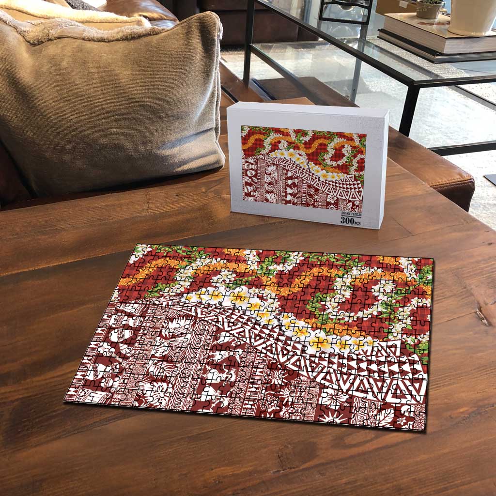 Hawaiian Plumeria Lei Puzzle Kakau Motifs and Palaka Half Style Red Color LT03 - Polynesian Pride