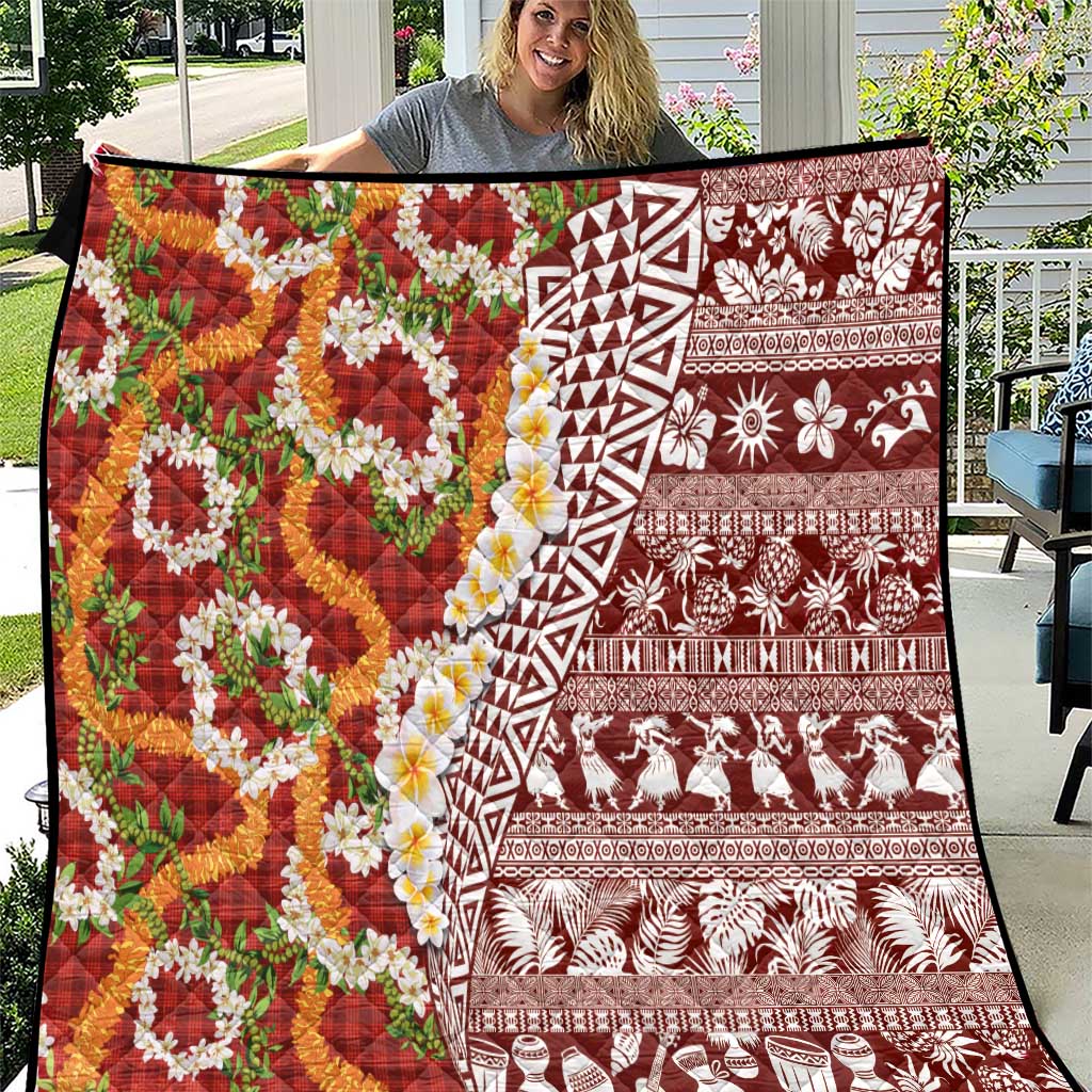 Hawaiian Plumeria Lei Quilt Kakau Motifs and Palaka Half Style Red Color - Polynesian Pride