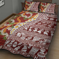 Hawaiian Plumeria Lei Quilt Bed Set Kakau Motifs and Palaka Half Style Red Color - Polynesian Pride