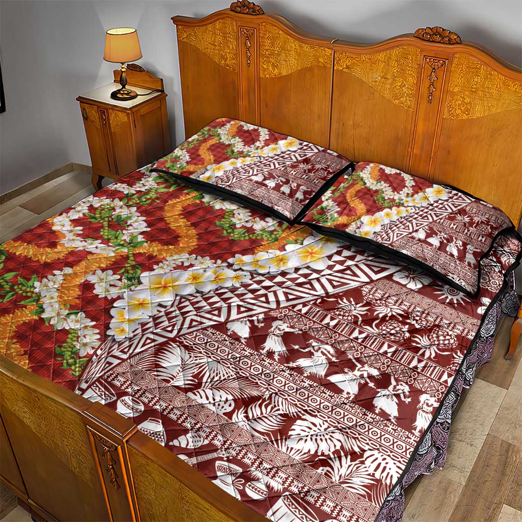 Hawaiian Plumeria Lei Quilt Bed Set Kakau Motifs and Palaka Half Style Red Color - Polynesian Pride