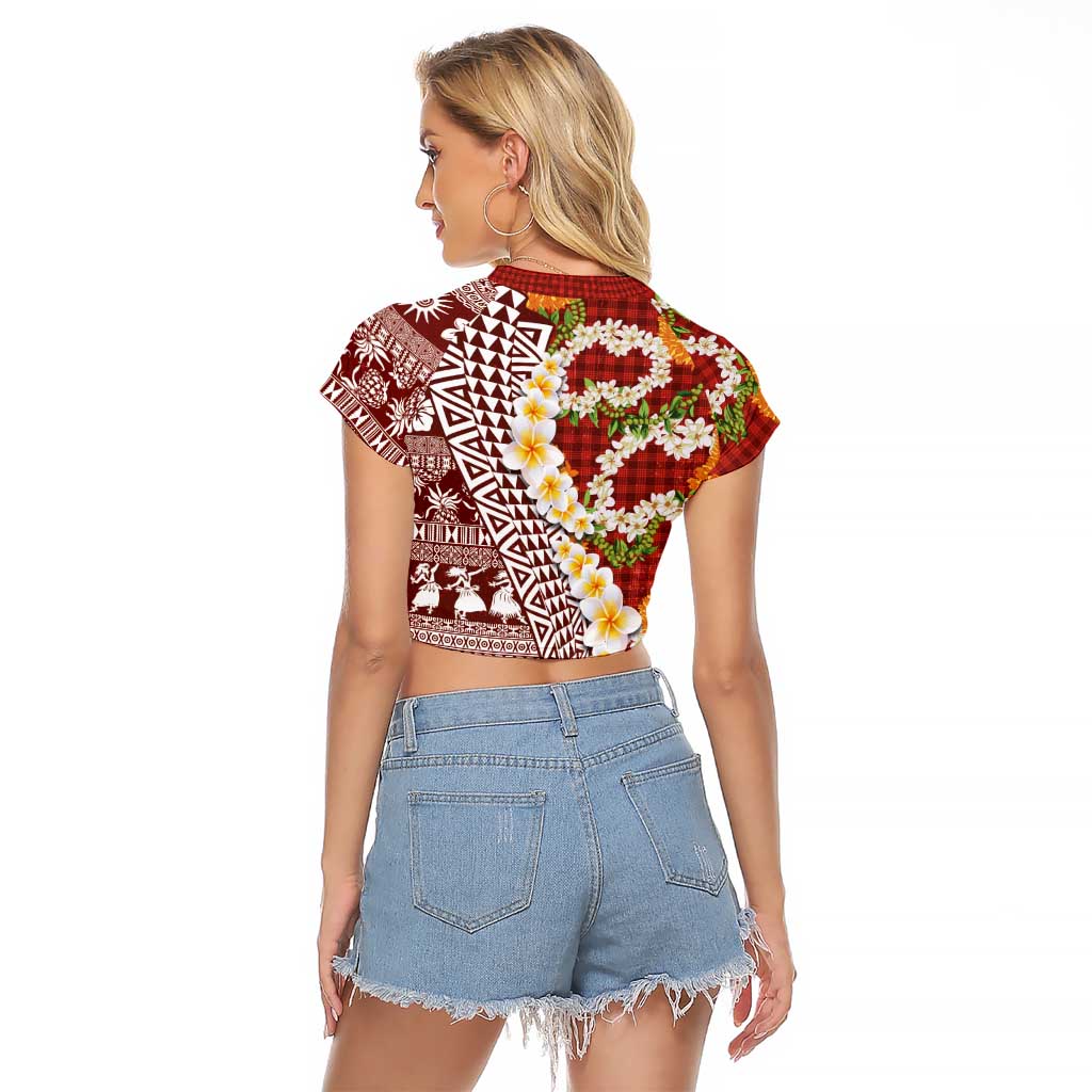 Hawaiian Plumeria Lei Raglan Cropped T Shirt Kakau Motifs and Palaka Half Style Red Color - Polynesian Pride