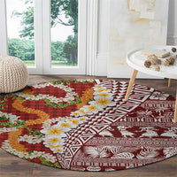 Hawaiian Plumeria Lei Round Carpet Kakau Motifs and Palaka Half Style Red Color - Polynesian Pride