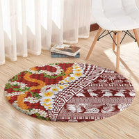 Hawaiian Plumeria Lei Round Carpet Kakau Motifs and Palaka Half Style Red Color - Polynesian Pride