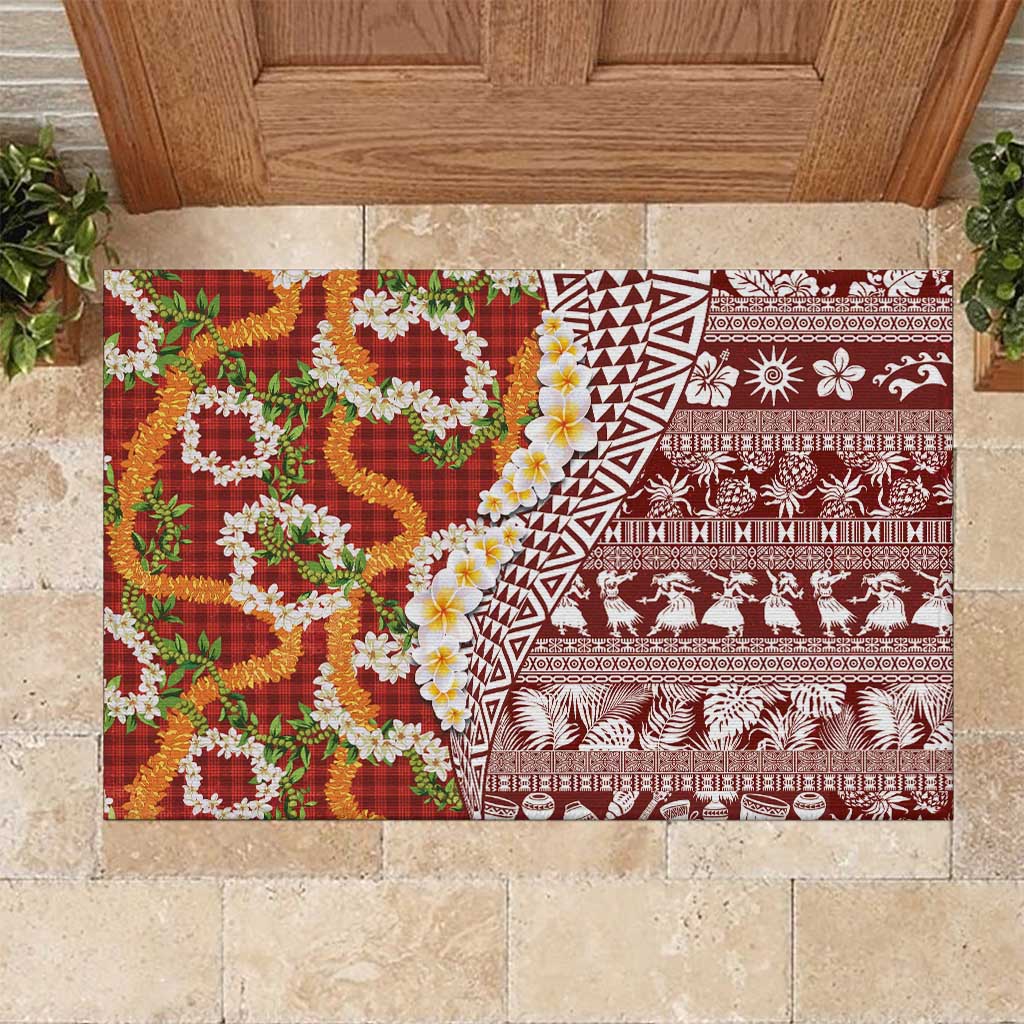 Hawaiian Plumeria Lei Rubber Doormat Kakau Motifs and Palaka Half Style Red Color LT03 Red - Polynesian Pride