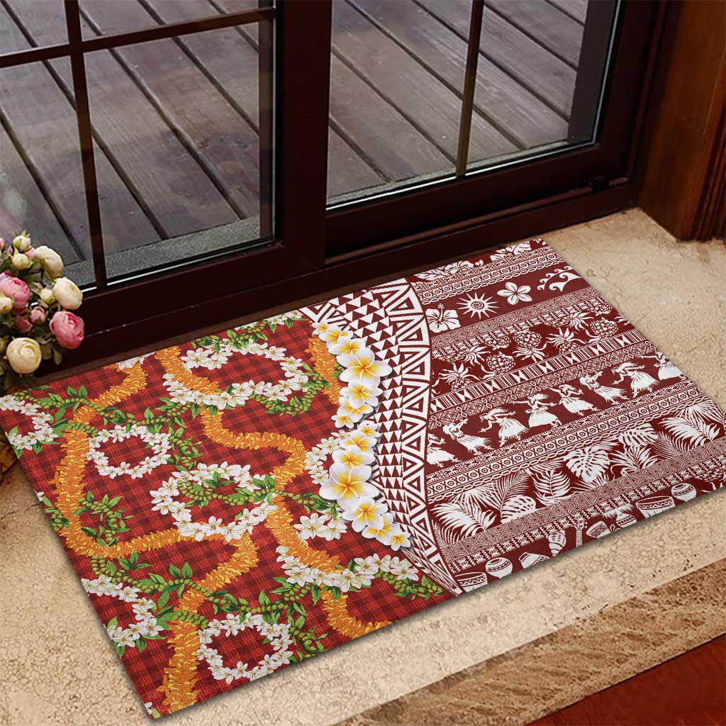 Hawaiian Plumeria Lei Rubber Doormat Kakau Motifs and Palaka Half Style Red Color LT03 - Polynesian Pride