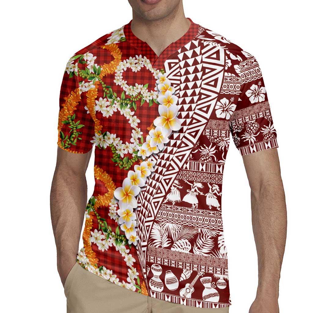 Hawaiian Plumeria Lei Rugby Jersey Kakau Motifs and Palaka Half Style Red Color - Polynesian Pride