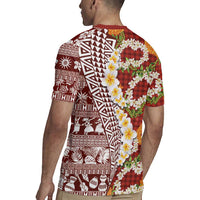 Hawaiian Plumeria Lei Rugby Jersey Kakau Motifs and Palaka Half Style Red Color - Polynesian Pride