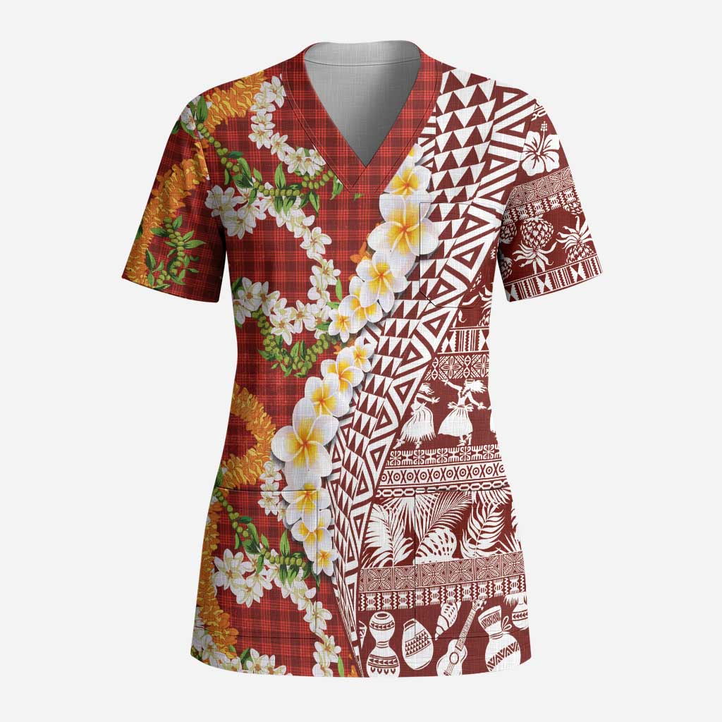 Hawaiian Plumeria Lei Scrub Top Kakau Motifs and Palaka Half Style Red Color LT03 Adult Red - Polynesian Pride