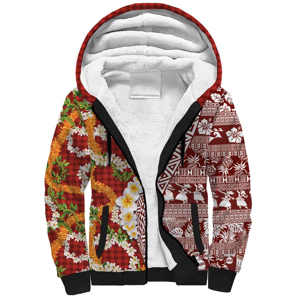 Hawaiian Plumeria Lei Sherpa Hoodie Kakau Motifs and Palaka Half Style Red Color - Polynesian Pride