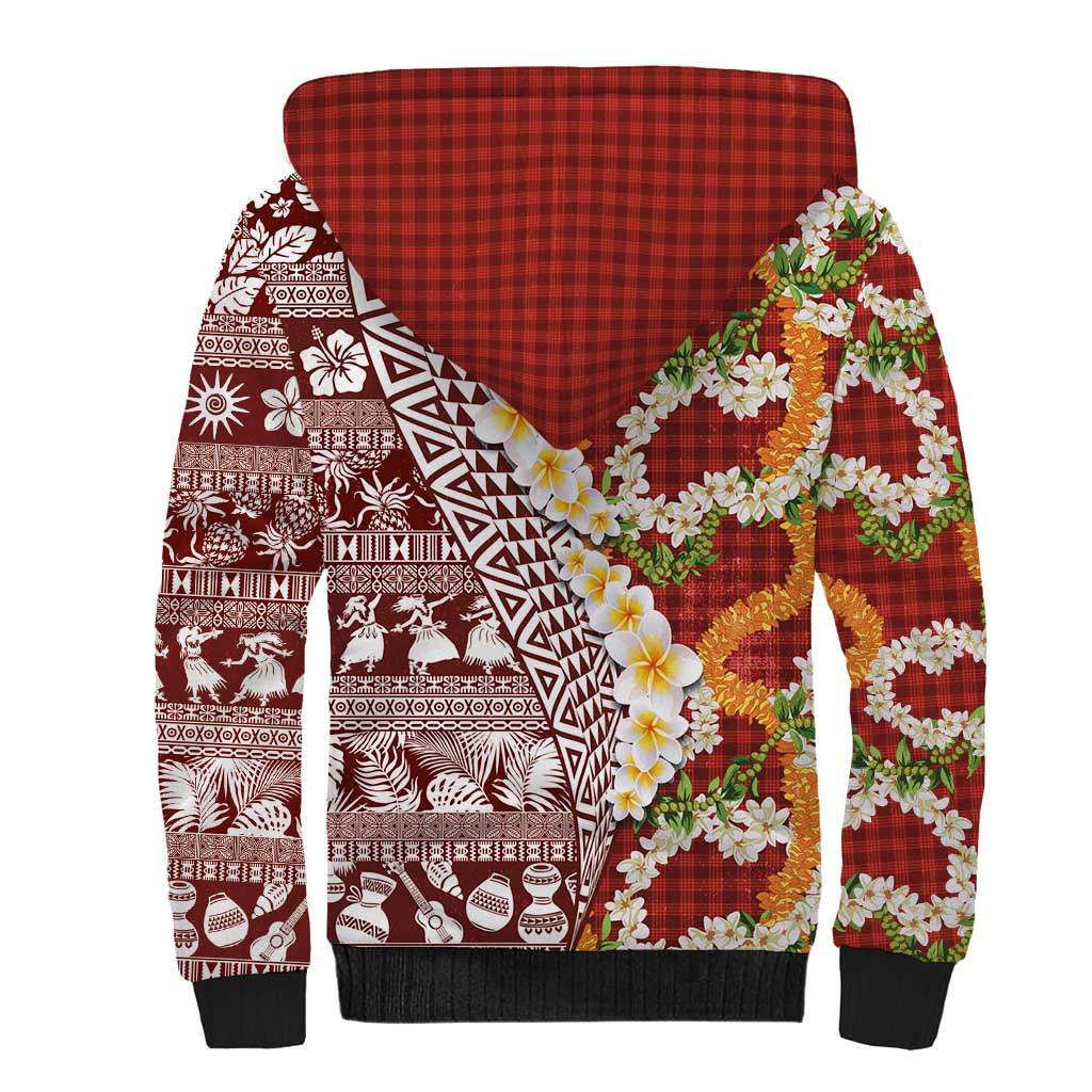 Hawaiian Plumeria Lei Sherpa Hoodie Kakau Motifs and Palaka Half Style Red Color - Polynesian Pride