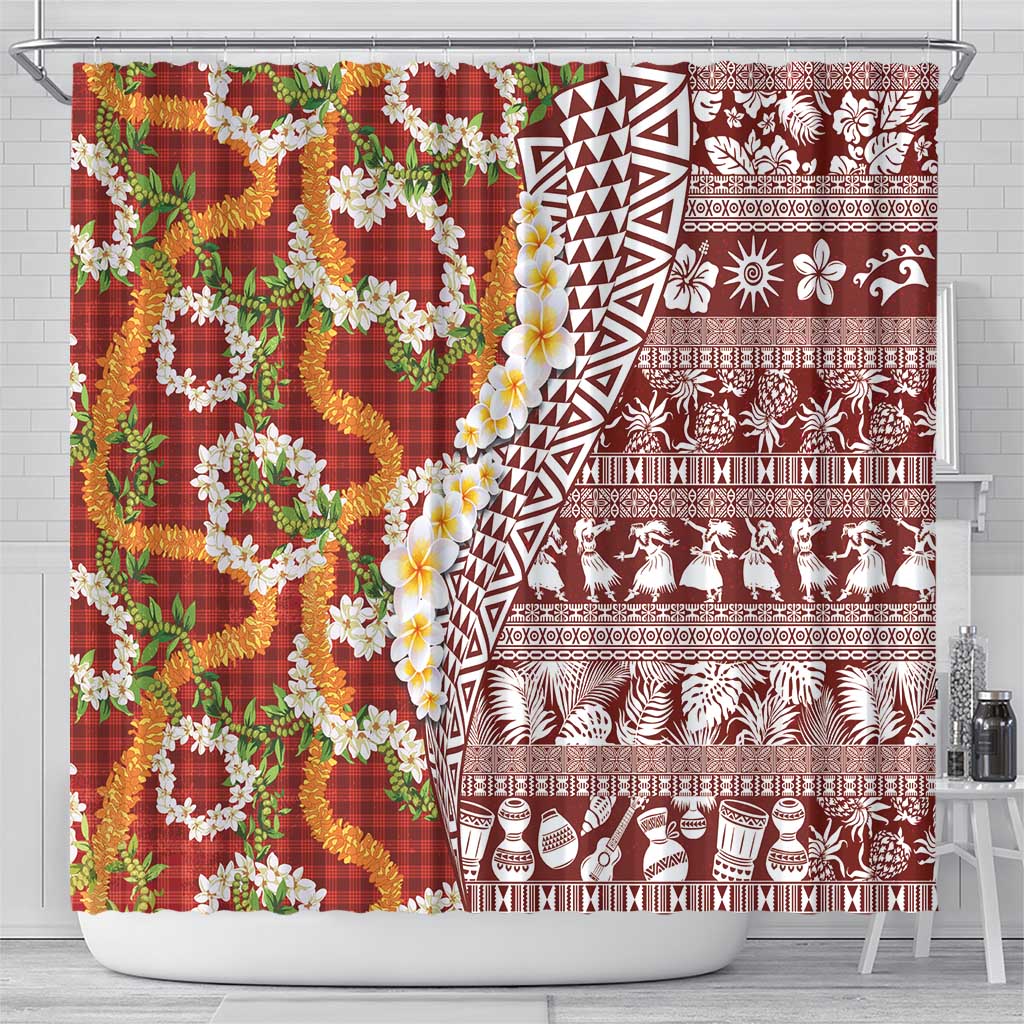 Hawaiian Plumeria Lei Shower Curtain Kakau Motifs and Palaka Half Style Red Color - Polynesian Pride