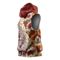 Hawaiian Plumeria Lei Sleeveless Hoodie Kakau Motifs and Palaka Half Style Red Color - Polynesian Pride