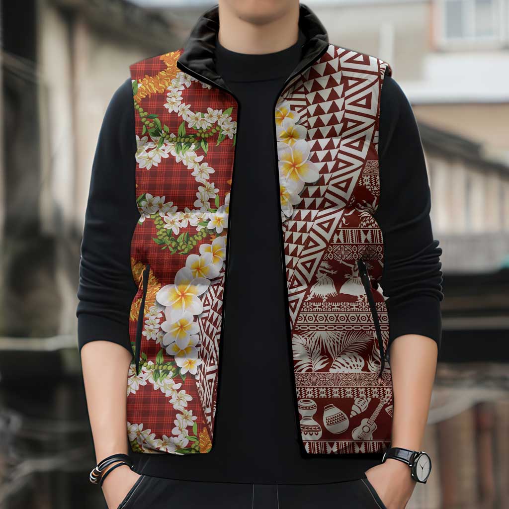 Hawaiian Plumeria Lei Sleeveless Puffer Jacket Kakau Motifs and Palaka Half Style Red Color LT03 - Polynesian Pride