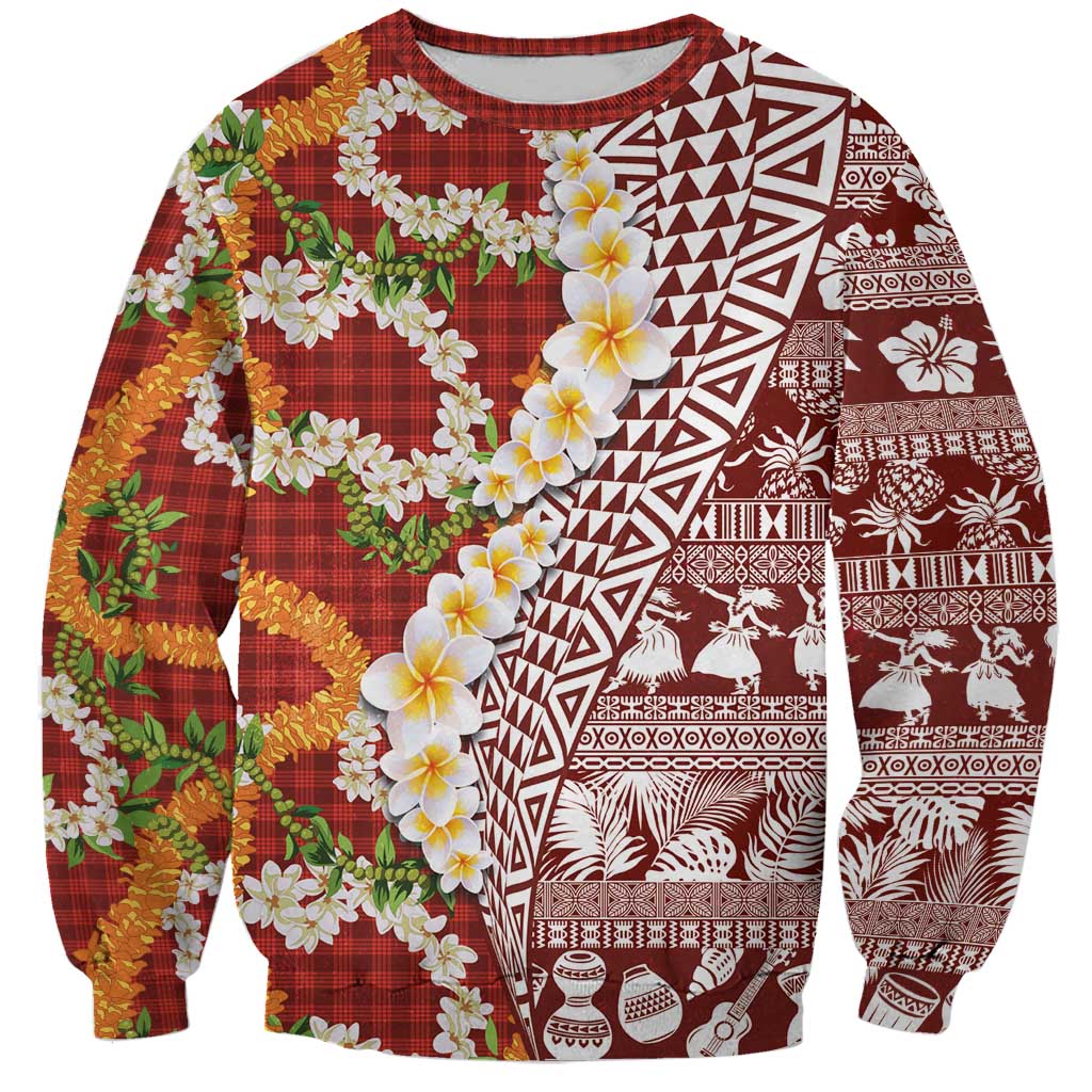 Hawaiian Plumeria Lei Sweatshirt Kakau Motifs and Palaka Half Style Red Color LT03 Unisex Red - Polynesian Pride