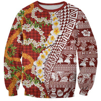 Hawaiian Plumeria Lei Sweatshirt Kakau Motifs and Palaka Half Style Red Color LT03 Unisex Red - Polynesian Pride