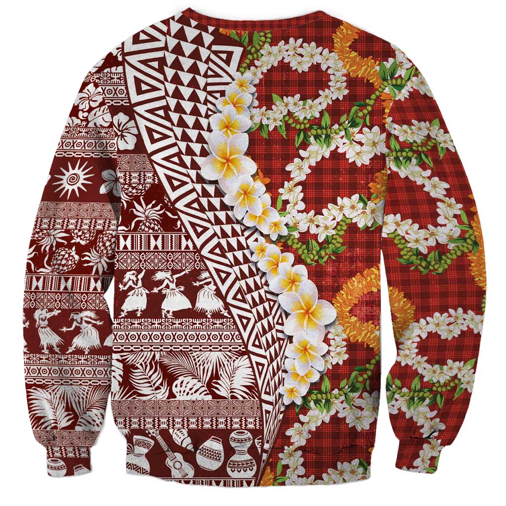 Hawaiian Plumeria Lei Sweatshirt Kakau Motifs and Palaka Half Style Red Color LT03 - Polynesian Pride