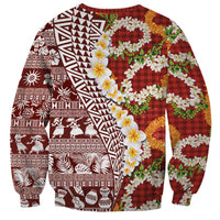 Hawaiian Plumeria Lei Sweatshirt Kakau Motifs and Palaka Half Style Red Color LT03 - Polynesian Pride