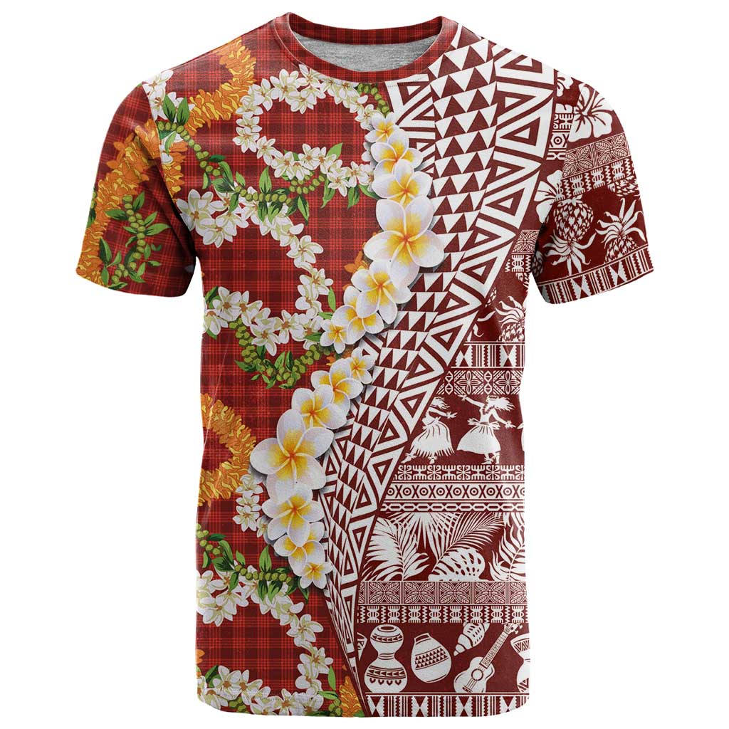 Hawaiian Plumeria Lei T Shirt Kakau Motifs and Palaka Half Style Red Color - Polynesian Pride