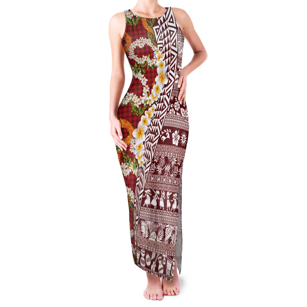 Hawaiian Plumeria Lei Tank Maxi Dress Kakau Motifs and Palaka Half Style Red Color - Polynesian Pride