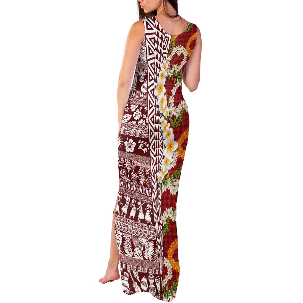 Hawaiian Plumeria Lei Tank Maxi Dress Kakau Motifs and Palaka Half Style Red Color - Polynesian Pride