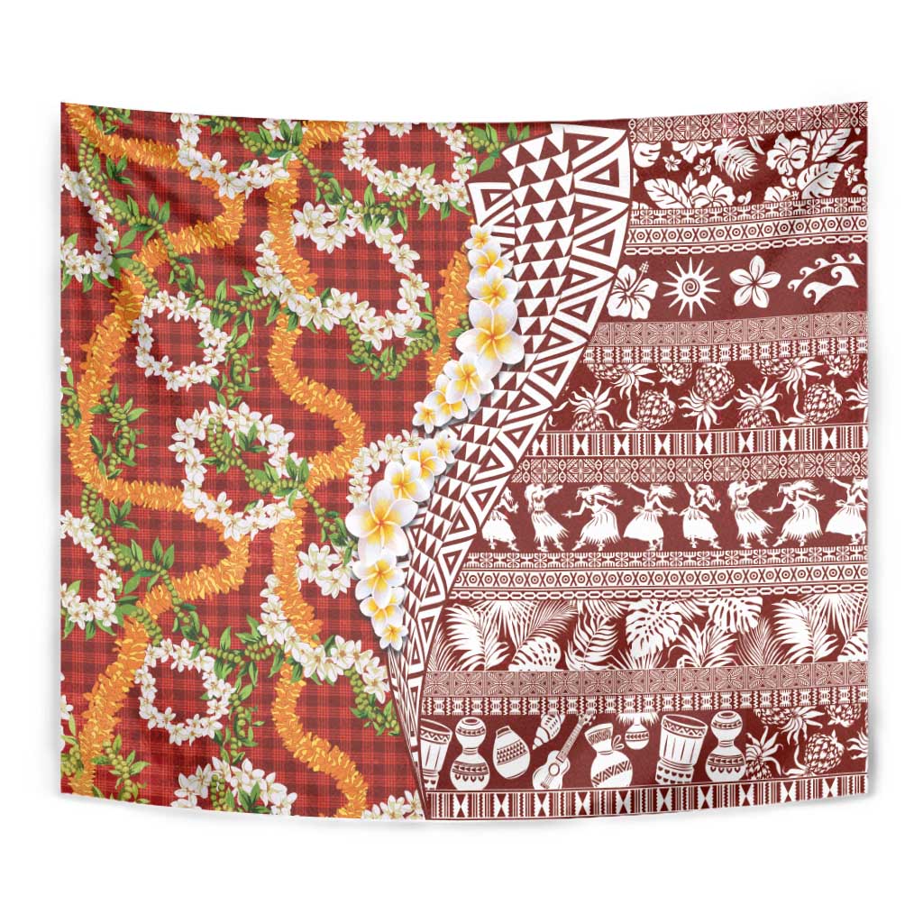 Hawaiian Plumeria Lei Tapestry Kakau Motifs and Palaka Half Style Red Color - Polynesian Pride