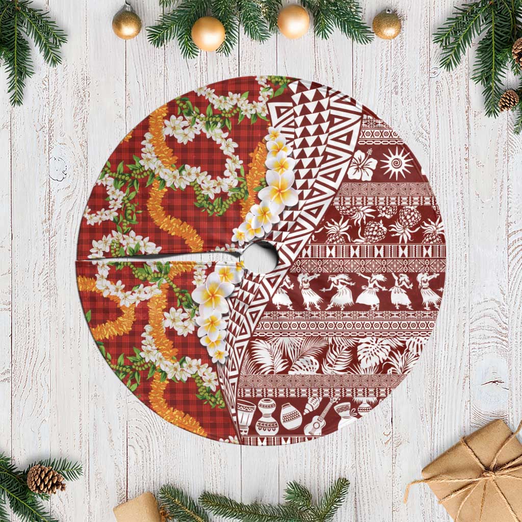 Hawaiian Plumeria Lei Tree Skirt Kakau Motifs and Palaka Half Style Red Color - Polynesian Pride