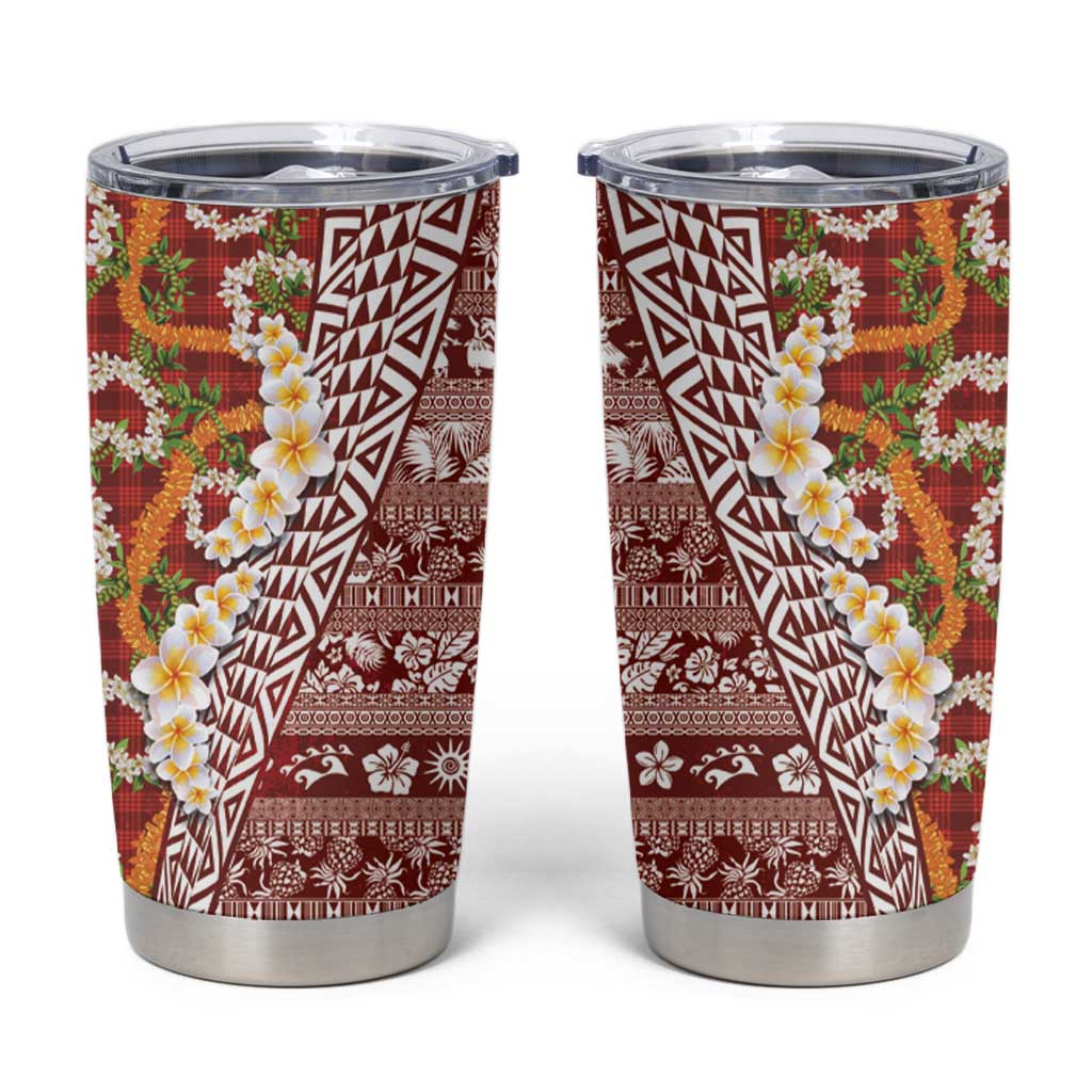 Hawaiian Plumeria Lei Tumbler Cup Kakau Motifs and Palaka Half Style Red Color - Polynesian Pride