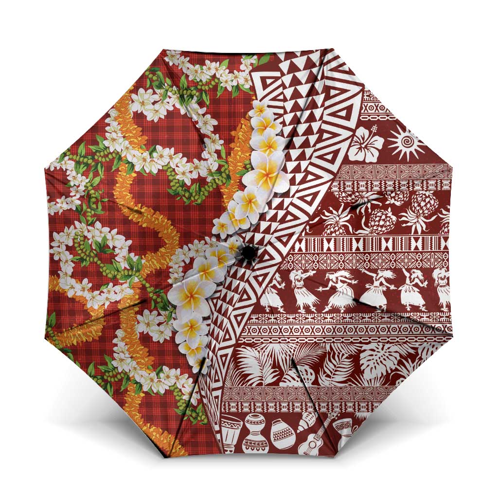 Hawaiian Plumeria Lei Umbrella Kakau Motifs and Palaka Half Style Red Color LT03 One Size Folded 11.42 inch Opened Diameter 37.4 inch Red - Polynesian Pride
