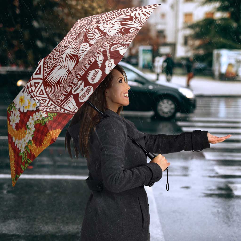 Hawaiian Plumeria Lei Umbrella Kakau Motifs and Palaka Half Style Red Color - Polynesian Pride