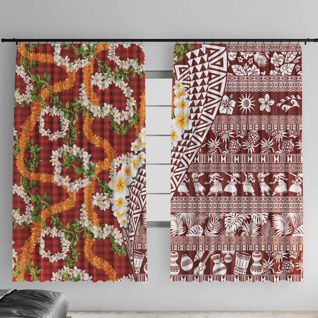 Hawaiian Plumeria Lei Window Curtain Kakau Motifs and Palaka Half Style Red Color - Polynesian Pride